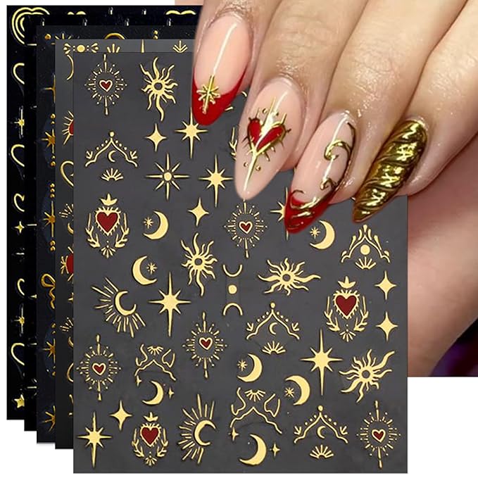 Gold Heart Nail Art Stickers - Valentines Day Star Self-Adhesive 3D Nail Decals for DIY Golden Manicure (6 Sheets)