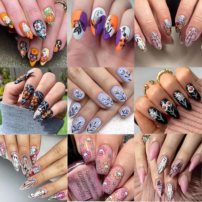 4 Sheets Halloween Nail Art Stickers 3D Self-Adhesive Goth Nail Stickers Flower Skull Ghost Designs Skeleton Nail Decals Nail Art Supplies for Women Acrylic DIY Halloween Holiday Nail Decoration DIY