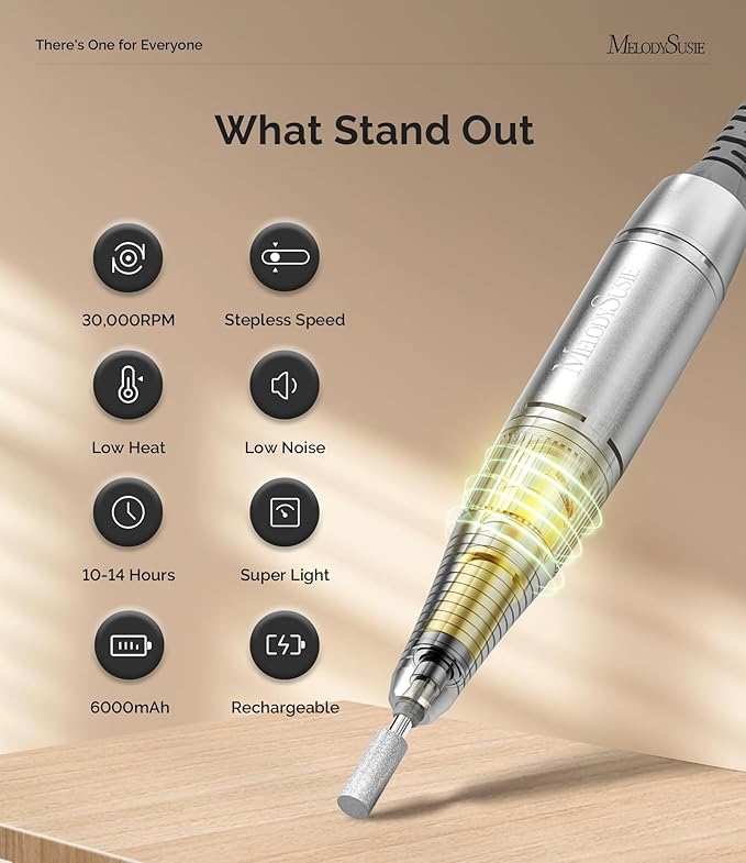 MelodySusie Professional Nail Drill, 30000 RPM Rechargeable Electric E File, SC320H Acrylic Gel Grinder Tools,Portable Nail Drill with 6 Bits Efile for Gel Nails Removing Manicure Pedicure Salon