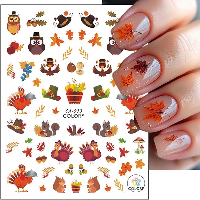 6Sheets Fall Nail Stickers 3D Cute Turkey Pumpkin Nail Decals Self Adhesive Thanksgiving Nail Art Stickers Autumn Maple Leaf Nail Decoration Accessories Squirrel Manicure Supplies for Women DIY