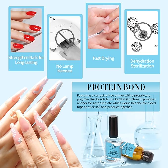 Born Pretty Nail Dehydrate and Primer, 15ml HEMA&TPO Free Dehydrator for Acrylic and Gel Nail Polish, Non Acid Primer for U V Gels, No Burn Fast Air Dry Nail Prep Dehydrator Set, 0.5oz