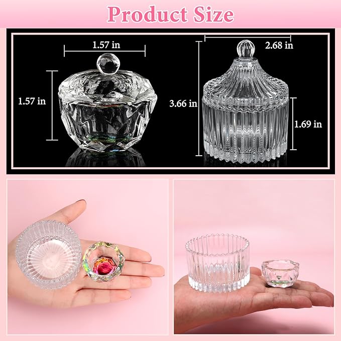 Acrylic Nail Brush Dappen Dish Set, 6PCS Nail Art Pen and 2PCS Crystal Dappen Dish, Manicure Bowl Cup Glass Container for Acrylic Liquid Nail Tool Kit