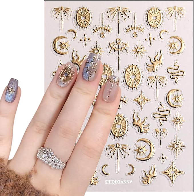 Gold Snake Nail Art Stickers 5D Self-Adhesive Embossed Moon Sun Pattern Design Nail Decals Retro Gilded Snake Nail Supplies for Women Girls DIY Summer Manicure Decoration Exquisite Cardboard 1 Sheet