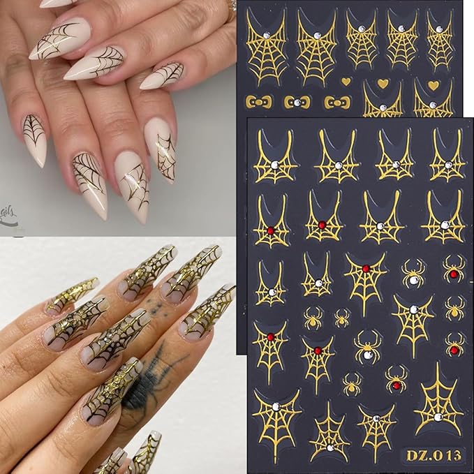 4Pcs Halloween Nail Art Stickers Decals with Rhinestones Design Spider Web Nail Stickers Glitter Gold Silver White Bow Spider Nail Decals Goth Nail Art Supplies Halloween Decoration for Manicure