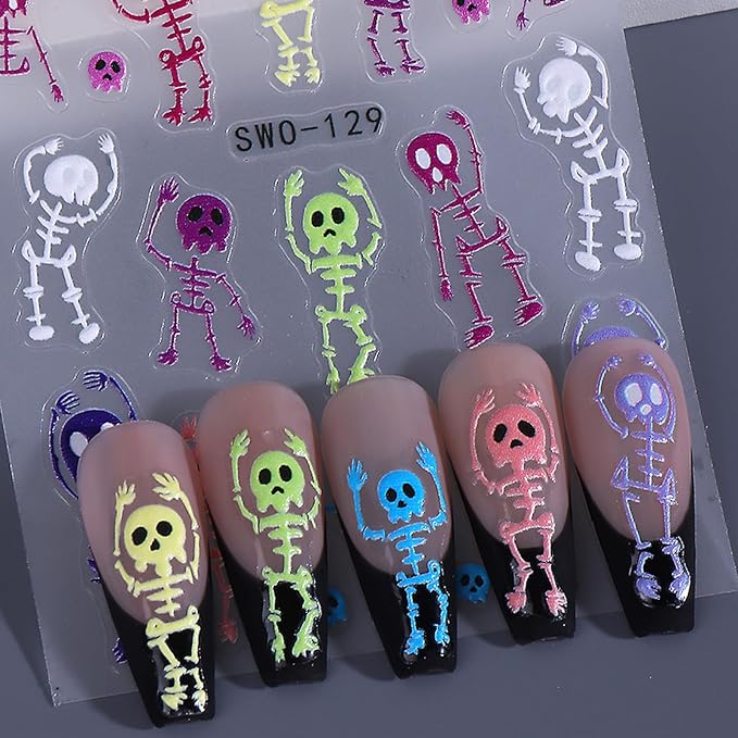 3 Sheets Halloween Skeleton Man Nail Art Stickers 5D Embossed Colorful Skull Nail Decals Funny Skeleton Bone Self-Adhesive Sliders Halloween Nail Art Supplies for Women Acrylic Nail Art Decorations