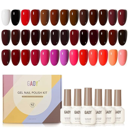 GAOY 42 Pcs Gel Nail Polish Kit, Red Brown Colors Fall Winter Gel Nail Polish Set with Glossy & Matte Top Coat and Base Coat for Salon and DIY Manicure at Home