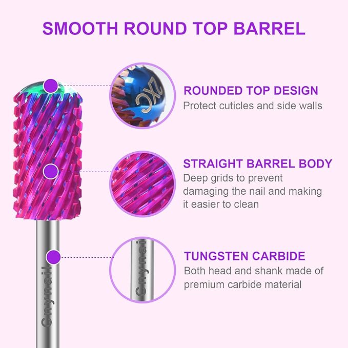 3/32" 2PCS Large Barrel Smooth Round Top Tungsten Carbide Nail Drill Bit Safety Bit for Gel & Acrylic Removal, 2-Way Rotating Efile Tip, Salon Electric File Accessory (XXC Grit, Purple)