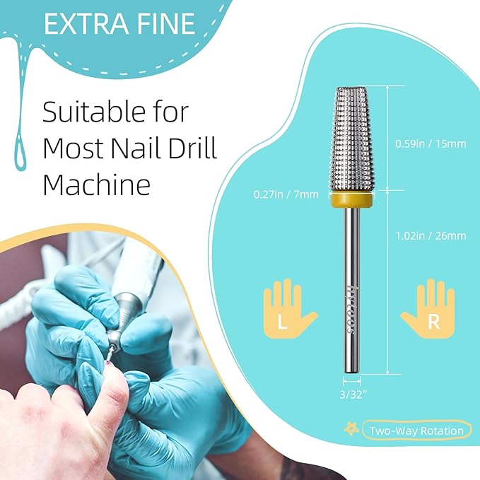 5 in 1 Nail Drill Bits, XF Carbide Tapered Nail Bit, Straight Cut Safety Drill Bits for Nails, 3/32 Two-way, Electric Manicure Drills Removal Base Coat