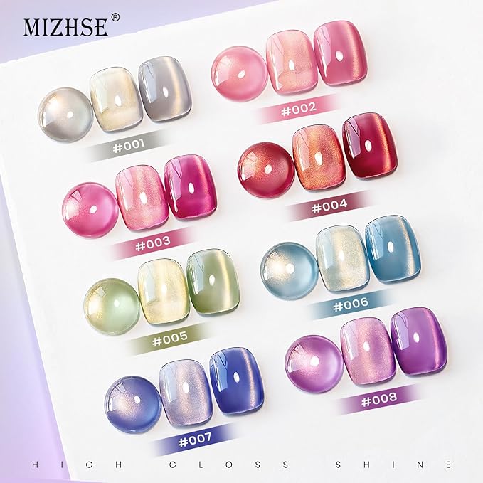 MIZHSE Cat Eye Gel Nail Polish, Dawn Cat Eye Effect Magnetic Gel Polish Set, 8 Colors Crystal Jelly Pink Red Green Purple Nail Gel with Magnet Stick Soak Off Nail Art Gift for Women