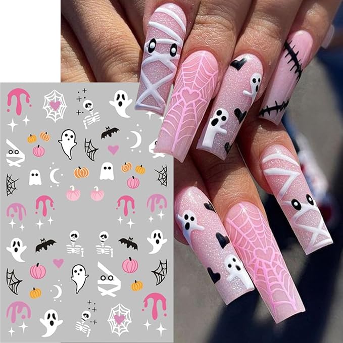 Halloween Nail Stickers for Nail Art, Ghost Nail Decals Cute Ghost Skull Spider Web Bat Pumpkin 3D Self-Adhesive Sticker Nail Art Design Holiday Manicure Decoration Supplies Nail Art Stickers 6 Sheets