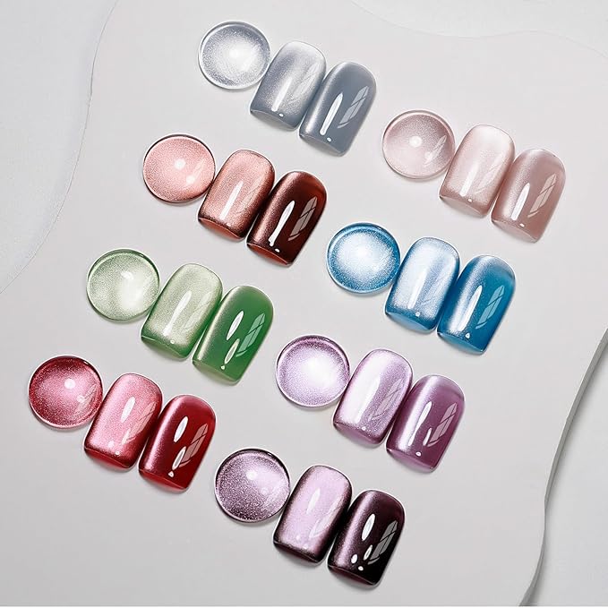 MIZHSE Cat Eye Gel Nail Polish, 8 Colors Moonlight Magnetic Gel Polish Set with Magnet Stick, Glassy Effect Crystal Holographic Silver Brown Green Purple Fall Colors Soak Off Nail Art Gift for Women
