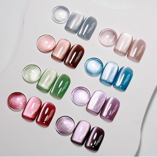 MIZHSE Cat Eye Gel Nail Polish, 8 Colors Moonlight Magnetic Gel Polish Set with Magnet Stick, Glassy Effect Crystal Holographic Silver Brown Green Purple Fall Colors Soak Off Nail Art Gift for Women
