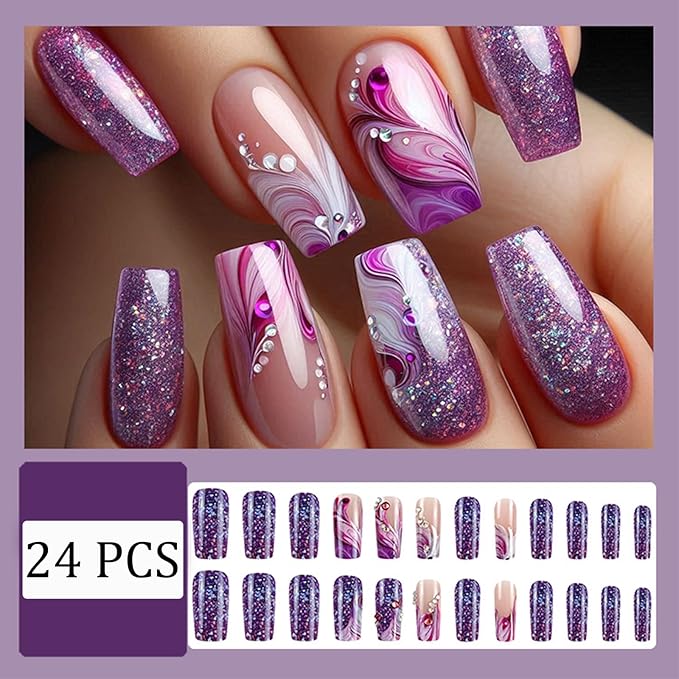 Purple French Manicure Press-On Medium Coffin False Nails Powder Purple Gradient with Rhinestone Design Glitter Shiny Full Cover Glue Nails for Women Girls Nail Art Set 24pcs
