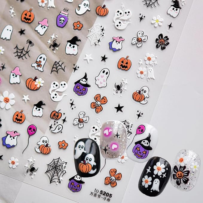 5D Halloween Nail Stickers for Nail Art,Ghost Pumpkin Halloween Nail Art Stickers 1PCS Flower Ghosts Spider Web Star 5D Embossed Holiday Nail Decals Manicure Accessories for Women DIY Decorations