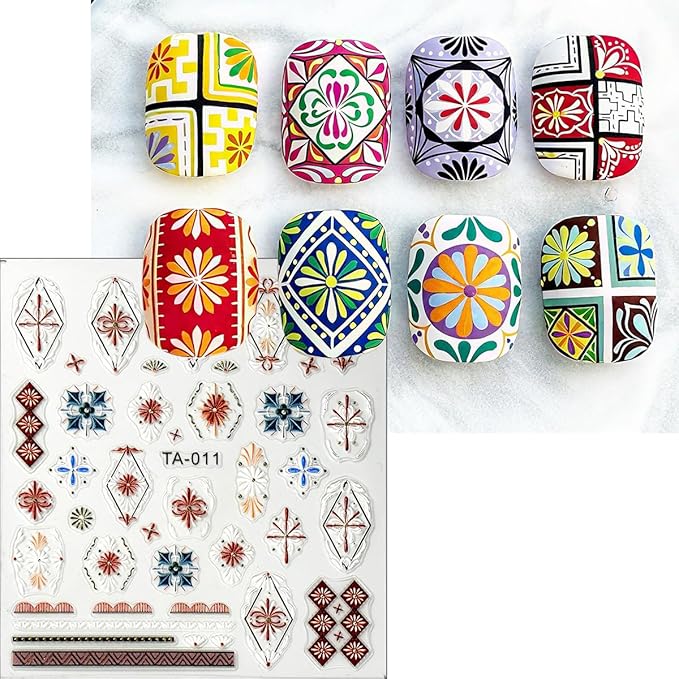 2 Sheets Relief Bohemian Style Nail Stickers, Retro Color 5D Embossed Nail Decals with Metallic Lace Lines, Vintage Boho Nail Art Decoration for Women Girls DIY Manicure Supplies