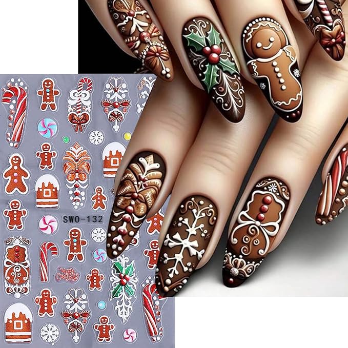 4pcs Christmas Light Strips Nail Art Stickers 5D Embossed Nail Decals Green Christmas Tree & Cute Gingerbread Man Design Xmas Nail Sticker DIY Santa Claus Snowflake Elk Snowman Manicure Decoration