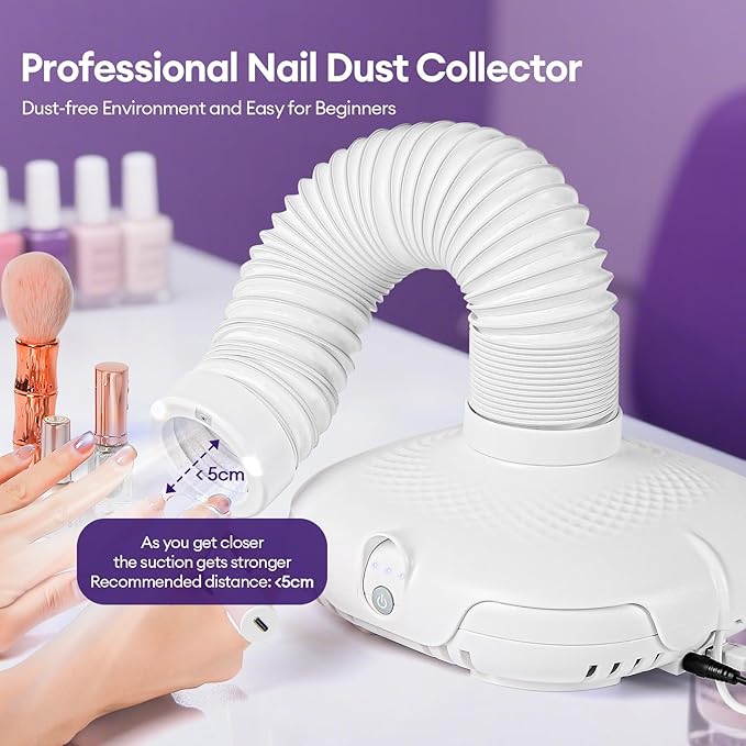 Nail Dust Collector Tech Professional with LED Light & 360° Flexible Tube, Powerful Suction (650PA), 3 Adjustable Speeds, Ultra-Quiet (45-60dB) for Dust-Free Manicure, Pedicure, Model/Craft Sanding