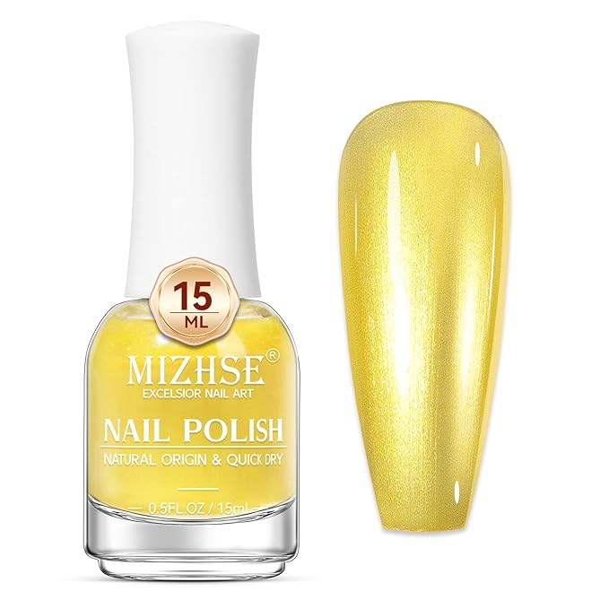 MIZHSE Quick Dry Nail Polish, Bright Yellow Nail Polish Air Dry Fast, 15ml/0.5 fl oz Regular Shiny Glossy Oil-based Shimmery Nail Lacquer Non-Gel Nail Art Salon Manicure Home DIY
