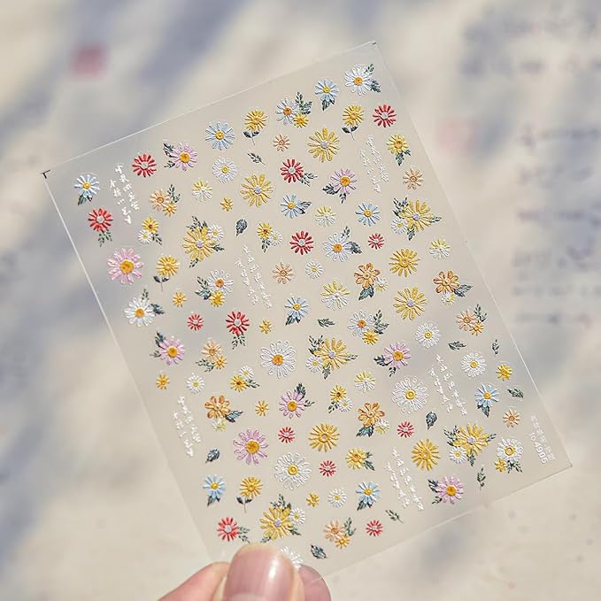 Colorful Daisy Nail Art Stickers 5D Embossed Daisy Nail Stickers Self Adhesive Cute Flower Nails Decals White Floral Design Sticker Spring Summer Nails Supplies for Women DIY Manicure