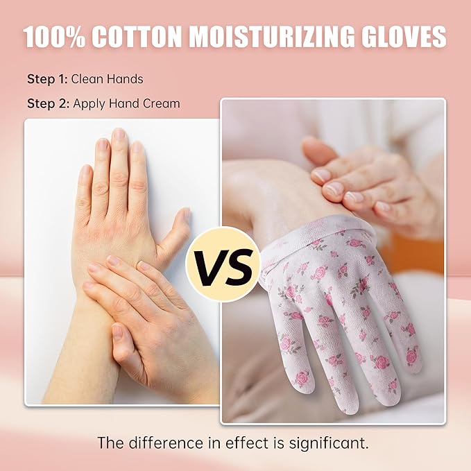 HandLove Premium 100% Cotton Gloves | Moisturizing Gloves for Dry Hands & Eczema | Overnight Sleeping Gloves, Eczema Gloves | White Floral Dots, 12 Pairs