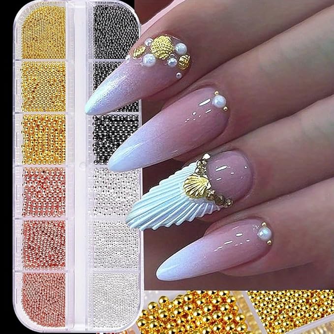 0.8mm Caviar Beads for Nails 6 Sizes Mini Small Stainless Steel Beads Nails Art Decorations Gun Grey Black Charms for Nails DIY Tool Nail Studs Accessories Gold Charms for Nails (Multicolor)
