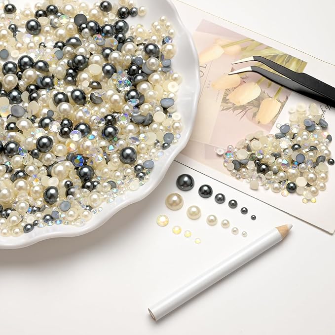 80g Mix Flatback Pearls and Rhinestones for Crafts Silver Gray White Mixed Size 2mm-10mm Half Round Pearls Rhinestones for Nail Art Tumblers Shoes DIY Bedazzling with Tweezers Wax Pen