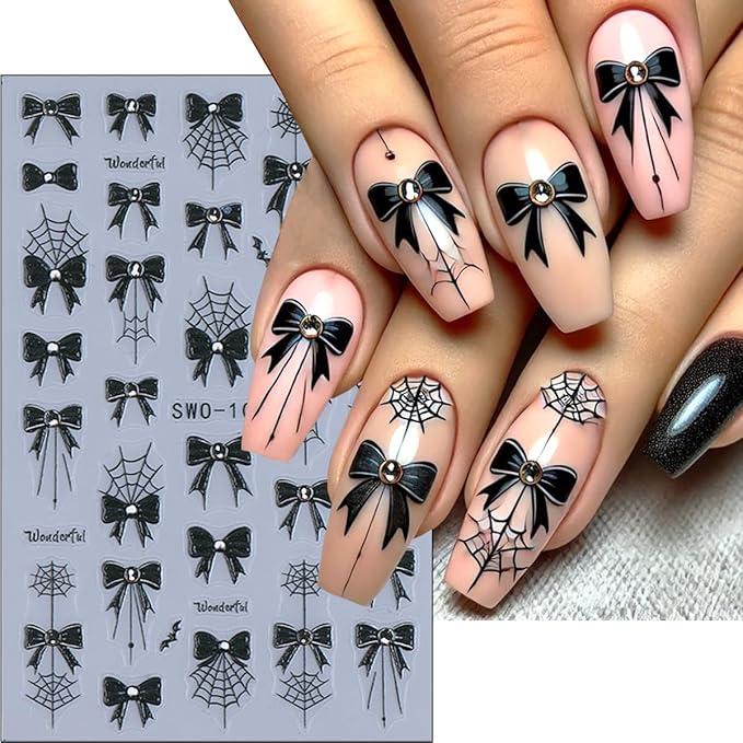 4Sheets Halloween Nail Art Stickers 5D Self Adhesive Black Red Bow Nail Decals with Drill Blood Drop Spider Web Nail Stickers Halloween Gothic Design Holiday Nail Decoration Accessories for Women