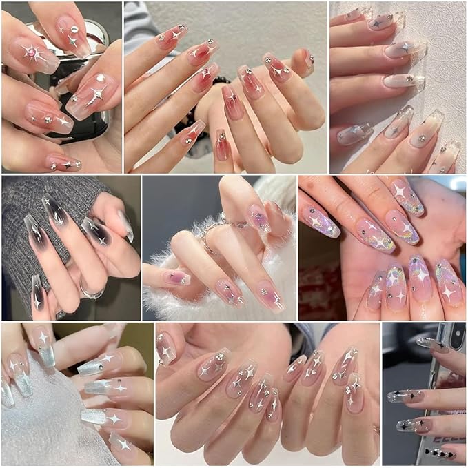 8Sheets Shiny Glossychic Stars Nail Stickers 3D Glitter Gold Black White Starshine Cross Rhinestones Silver Star Design Self-Adhesive Decals Luxury 5D Nail Art Stickers Star Charms Nail Decoration