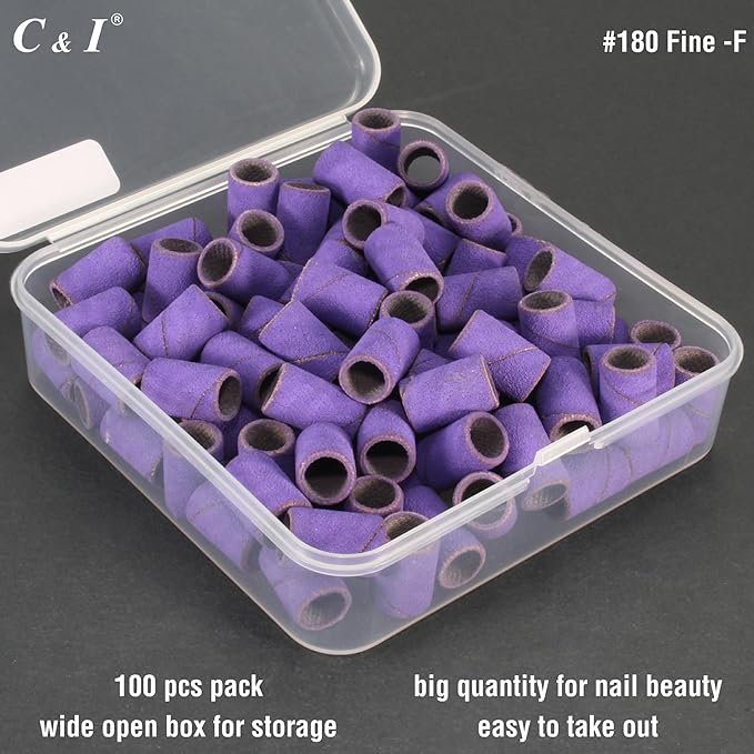C & I Nail Sanding Bands 100 PCS Plus Upgrade Mandrel 1 PC, Manicure Drill Bits for Acrylic Gel Nails Remove, Natural Nails Buffer for Nail Prep and Shiner (Purple, #180 Fine)