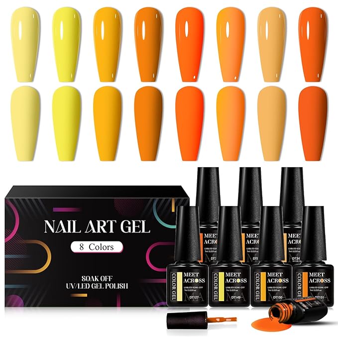 MEET ACROSS Gel Nail Polish Set 8 Fall Colors Yellow Orange Pumpkin Gel Nail Polish Kit Halloween Nails Soak Off Nail Art Manicure Home Gift for Women Girl