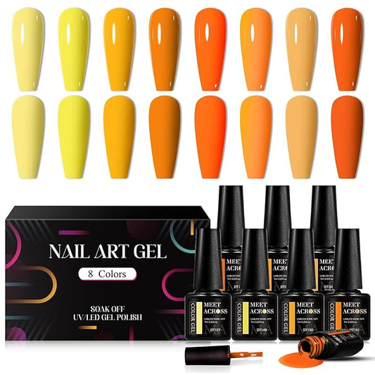 MEET ACROSS Gel Nail Polish Set 8 Fall Colors Yellow Orange Pumpkin Gel Nail Polish Kit Halloween Nails Soak Off Nail Art Manicure Home Gift for Women Girl