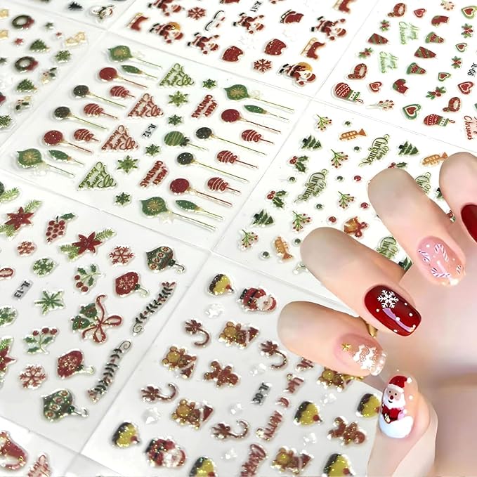 30 Sheets Christmas Nail Stickers Snowflake Snowman Nail Decals 3D Self-Adhesive Elk Gingerbread Man Design Winter Nails Art Stickers for Women Holiday Manicure DIY