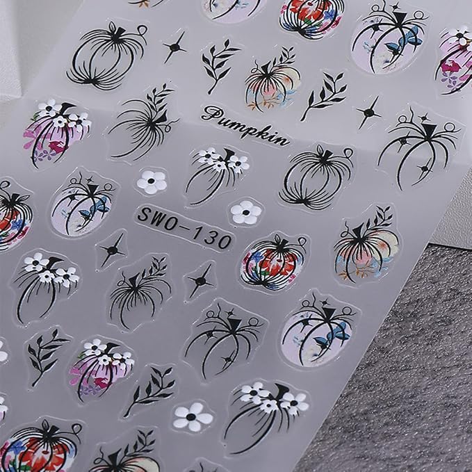 Fall Nail Stickers Halloween Pumpkin Nail Art Stickers Decals 3PCS 5D Engraved Leaf Flower Pumpkin Nails Design Self-Adhesive Fall Stickers Manicure Nail Art Supplies for Holiday DIY Nail Decorations