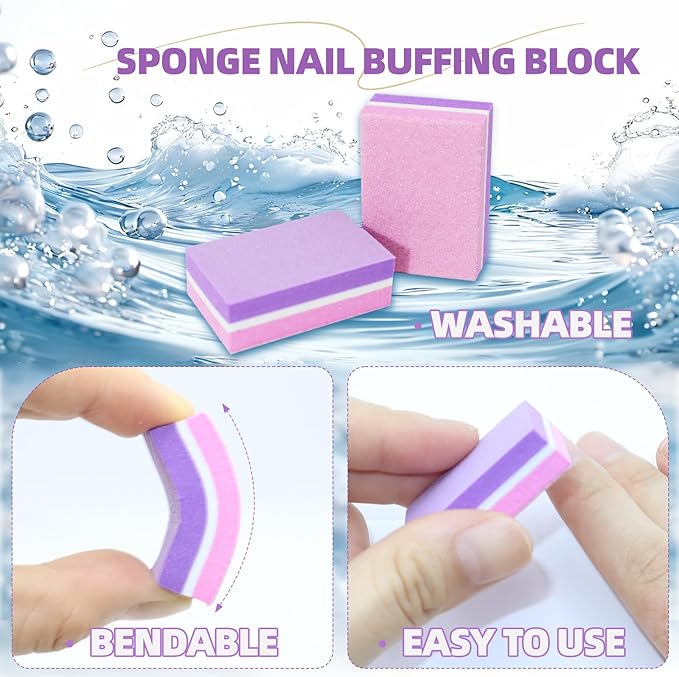 100 Pcs Nail Buffers, 100/180 Grit Mini Buffers for Nails, Nail Buffer Block Bulk, Double Sided Sponge Buffer Nail File for Processional Nail Salon (Pink & Purple)