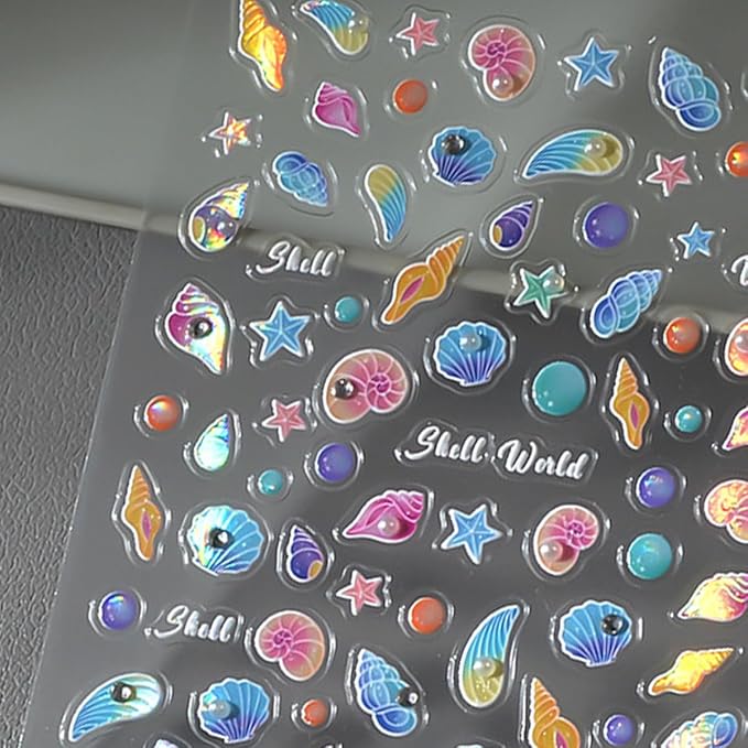 Ocean Nail Art Stickers Summer Nail Art Decals Marine Life Nail Stickers Starfish Seashell Nail Design Stickers with Pearl Rhinestone 5D Embossed Nail Decals Sea Nail Art Supplies for Women Manicure