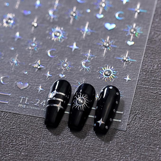 5D Embossed Star Moon Nail Art Stickers Decals Self Adhesive Nail Decals Aurora Star Moon Nail Stickers with Rhinestone Designs Manicure Sliders for Women DIY Nail Art Decorations