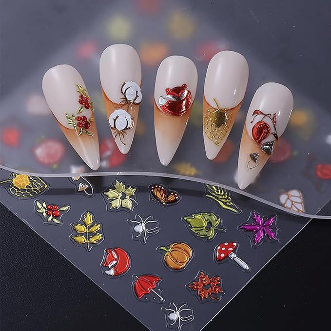 Fall Nail Art Stickers Autumn Maple Leaf Pumpkin pineal Mushroom Design Nail Decals 5D Embossed Self-Adhesive Fall Nails Stickers Thanksgiving Day Nails Art Supplies for Women DIY Manicure Decor