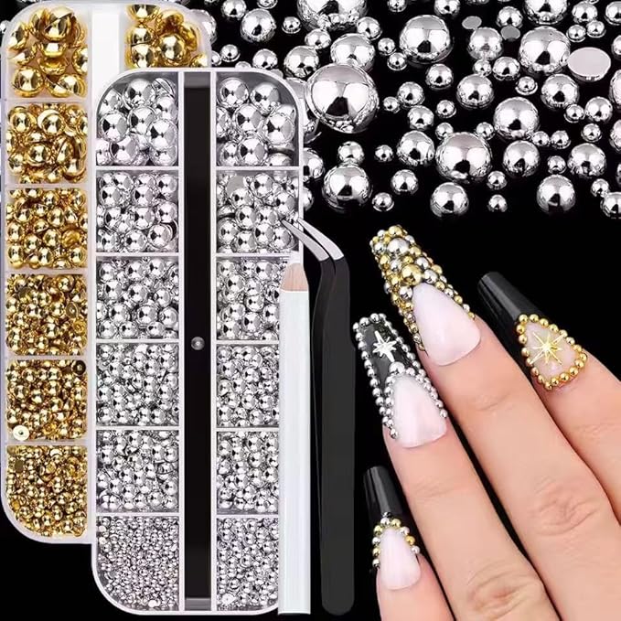 24Grid Gold Solver Nail Art Rhinestones 3D Flatback Rhinestones Pearl Nail Charms and Crystals Gems Nail Accessories for Acrylic Nail Tips Manicure Decor