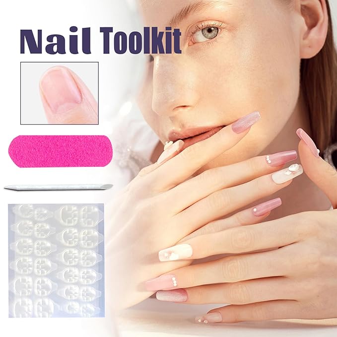24Pcs Blue Flower Press on Nails Medium Ballet Shaped Blue Gradient Acrylic False Nail Artificial Floral Stick on Nail Press Ons with Blossom Design Glossy Reusable Glue on Nails for Women
