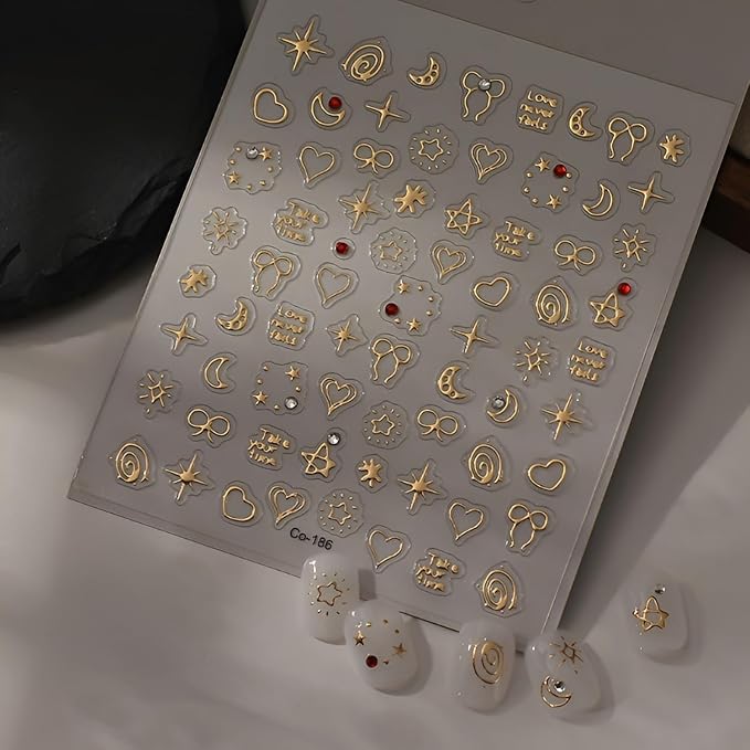 Gold Nail Art Stickers Bow Star Nail Stickers 5D Self-Adhesive Nail Decals with Rhinestones Design Gold Heart Moon Nail Supplies Decoration Accessories for Women and Girls