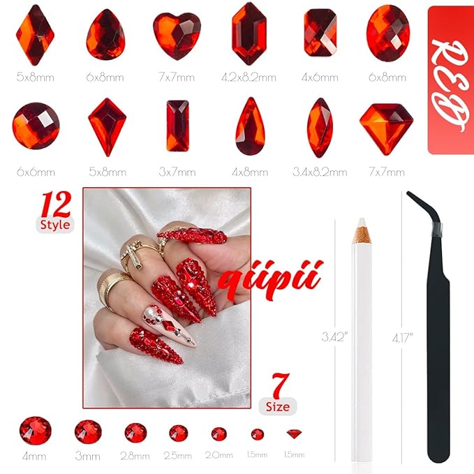 4080Pcs Red Nail Rhinestones Multi Shapes Ruby Rhinestones for Nails 1.5-4mm Crystal Gems Siam Red Round Flatback Beads Glass Stones Diamonds jewels Charms for Nails Face Eyes Makeup DIY Crafts