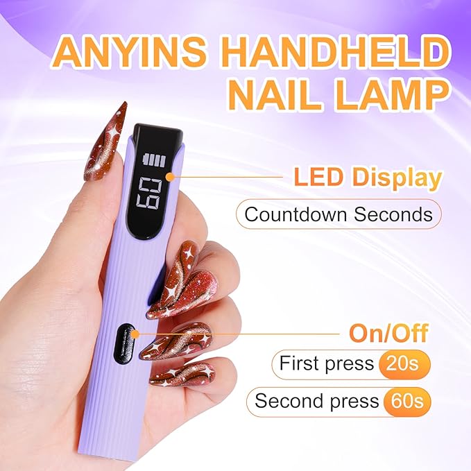 Handheld UV Light for Gel Nails, Purple Gel Light for Nails Cordless Nail Lamp Rechargeable with Led Display Lamp for Rhinestone Glue Decoration DIY at Home