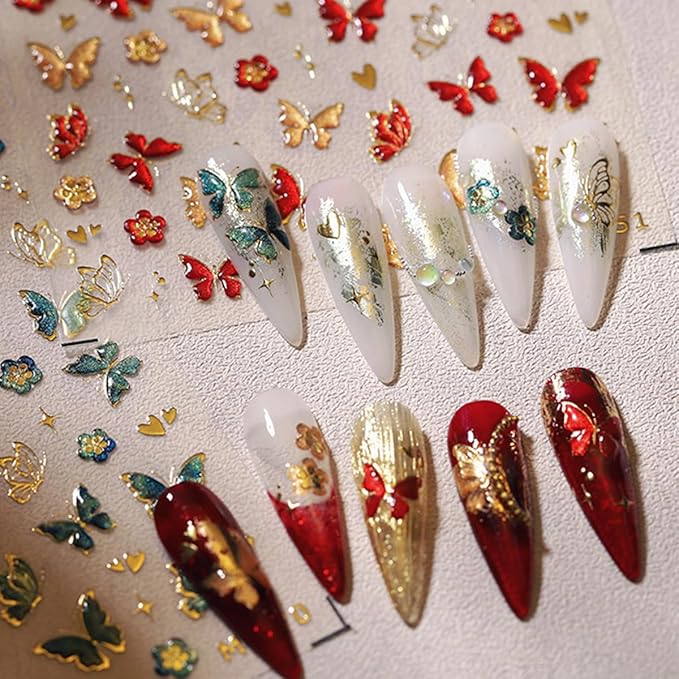 5D Embossed Butterfly Nail Art Stickers - Red & Gold Butterfly Nail Decals for DIY Manicure