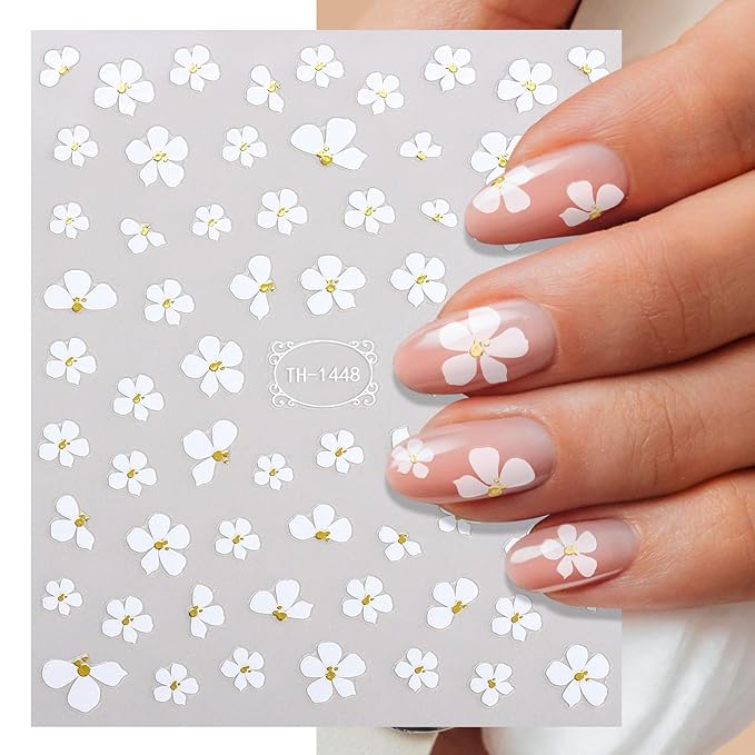 Flower Nail Art Stickers Decals, 3D Self-Adhesive White Flower Nail Design, Cherry Blossoms Nails Art Decoration for DIY Decoration Stencil Tools