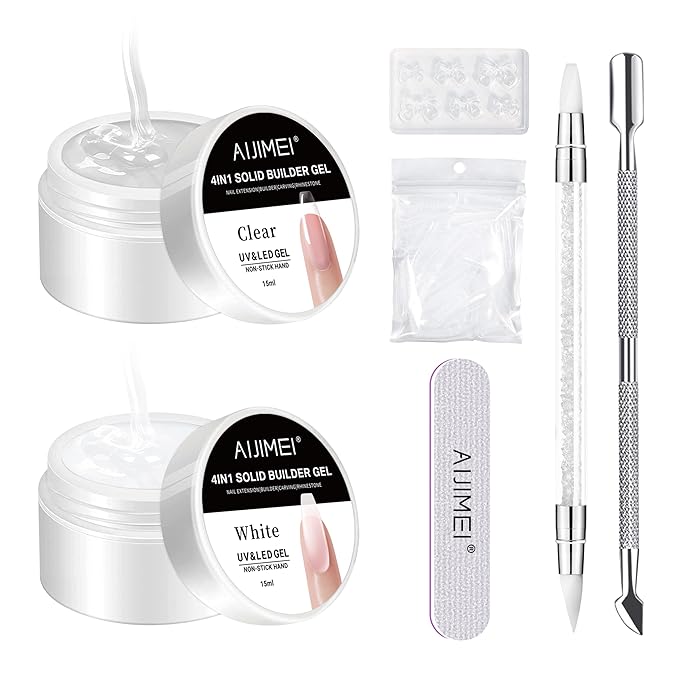 AIJIMEI Solid Builder Gel Kit - Non-Stick Hand Nail Builder Gel - Nail Extension for Home Use - White & Clear (15ml/0.5oz)