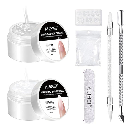 AIJIMEI Solid Builder Gel Kit - Non-Stick Hand Nail Builder Gel - Nail Extension for Home Use - White & Clear (15ml/0.5oz)