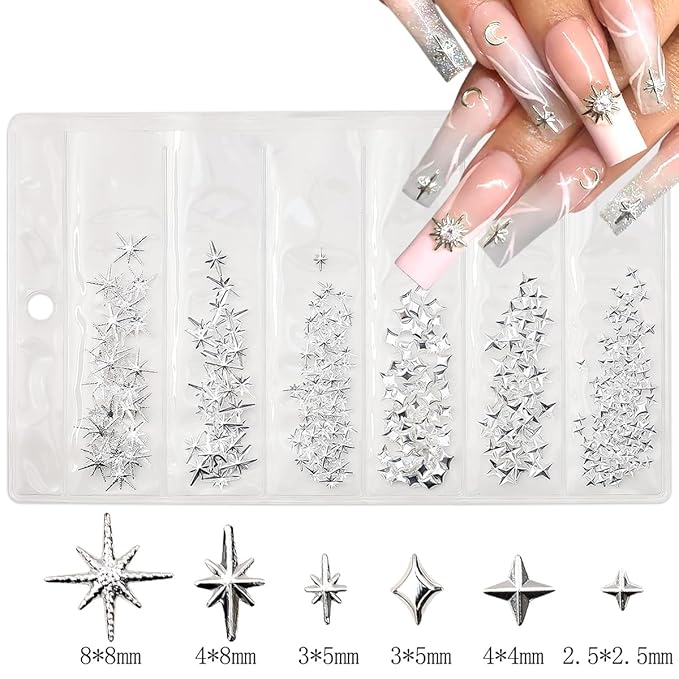 400Pcs 3D Gold Silver Star Nail Art Charms Metallic Studs Rhinestones Bling Gems Decorations Manicure Kit Art Supplies Accessories for Women Girls Acrylic Nails