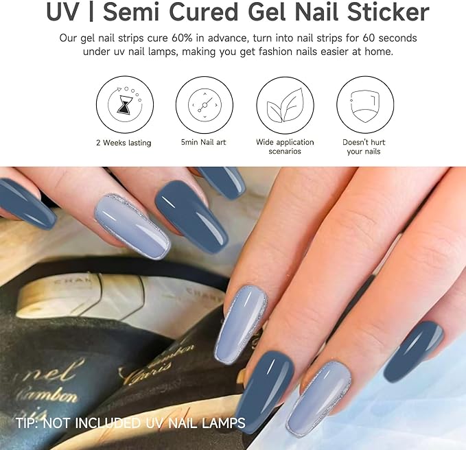 Semi Cured Gel Nail Strips | 28 pcs Gel Nails Strips Work with Any UV Lamps, Long Lasting UV Nail Stickers for Women DIY Nails Wraps(Blue Horizon)