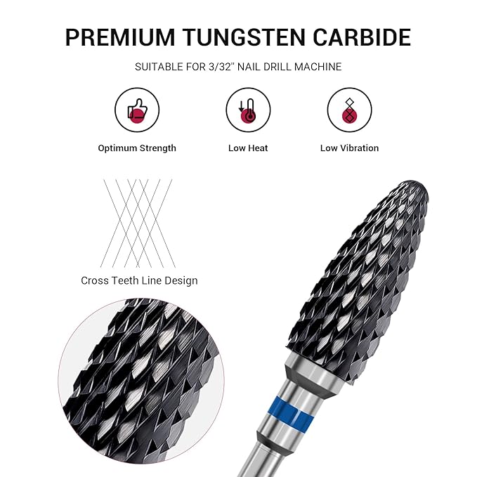 MelodySusie Ceramic Nail Drill Bit, 3/32'' (2.35mm) Professional Acrylic Nail File Flame Drill Bit for Manicure Pedicure Cuticle Gel Nail Polishing, Beginners Bits, Black, Series Bit-S, Medium