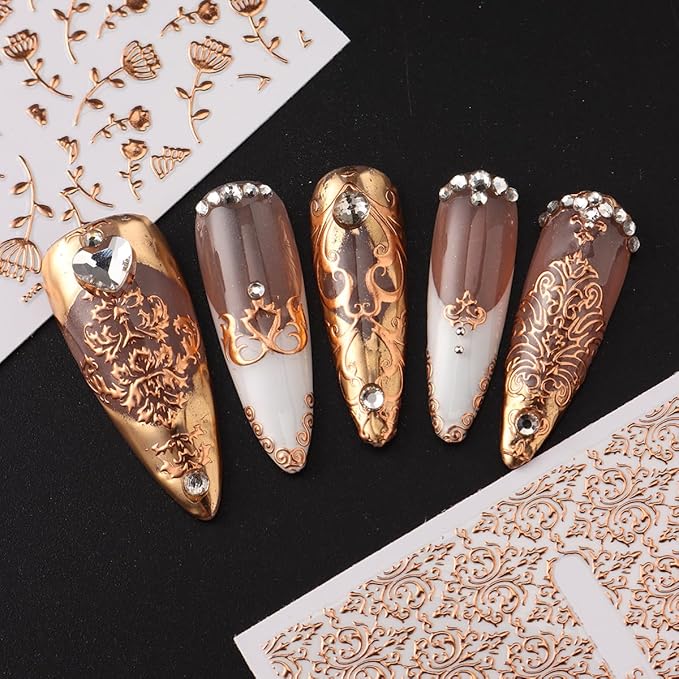26 Sheets Rose Gold Nail Stickers Set, 3D Self Adhesive Nail Decals with Metal Geometric Stripe Wave & Lace Flower Floral Vine Patterns for DIY Manicure Decorations